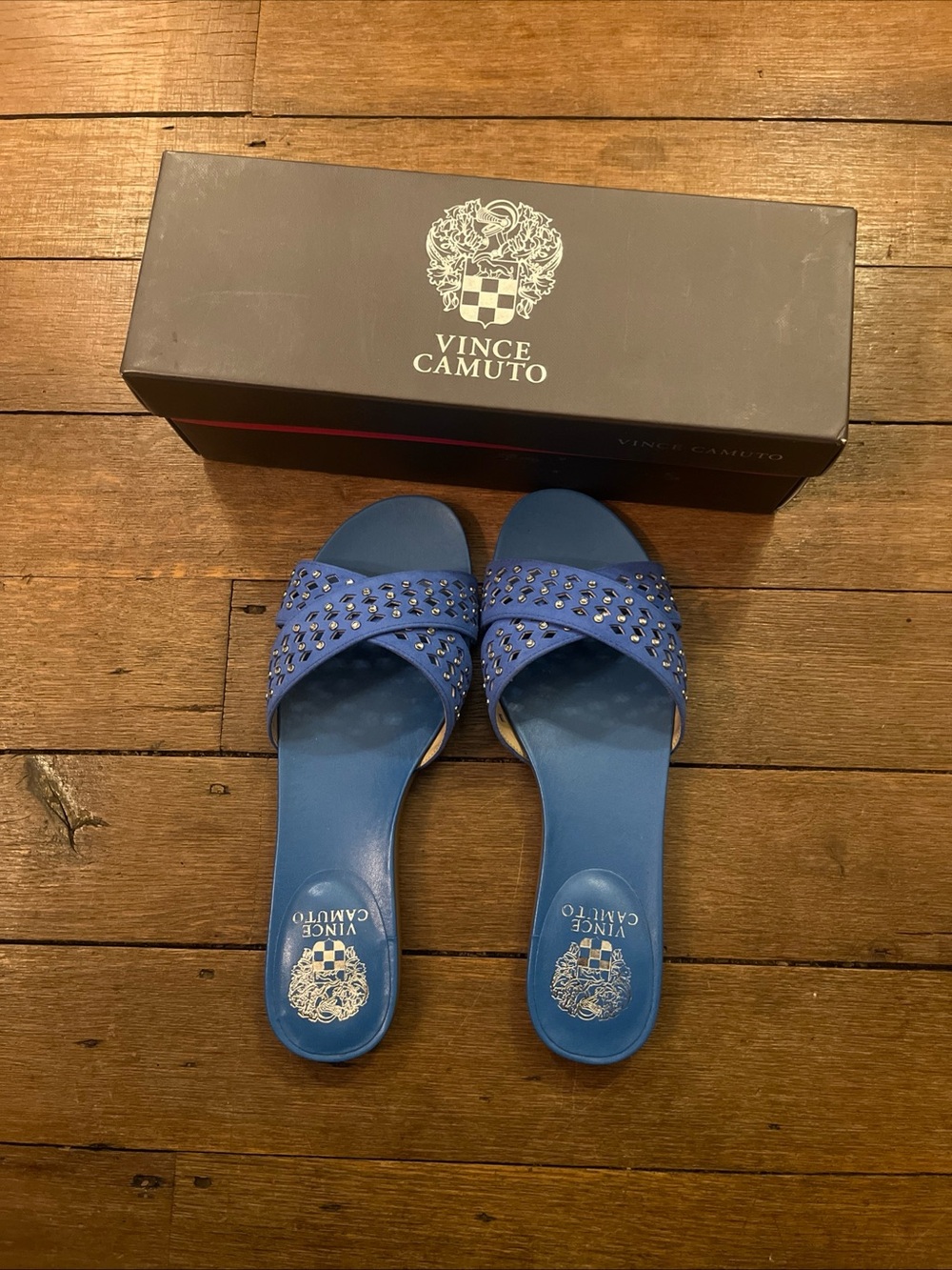 Vince Camuto Cobalt Blue & Silver 9 M Bejeweled Leather Slip On Flat Sandals